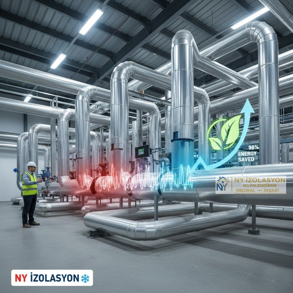 Endüstriyel tesislerde boru izolasyonu ve alüminyum sac kaplama uygulaması.